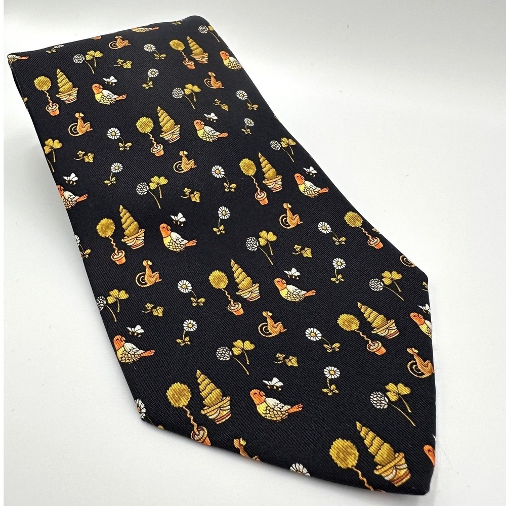 Salvatore Ferragamo Tie Mens Silk Black Gold Garden Squirrel Bird Italy Luxury‎ - Picture 3 of 9